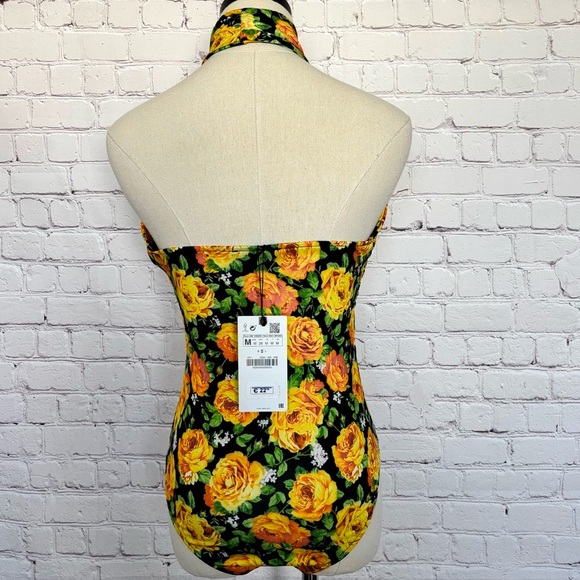 ZARA Black Floral Sleeveless Twist Halter Neck Bodysuit--M - Picture 7 of 16
